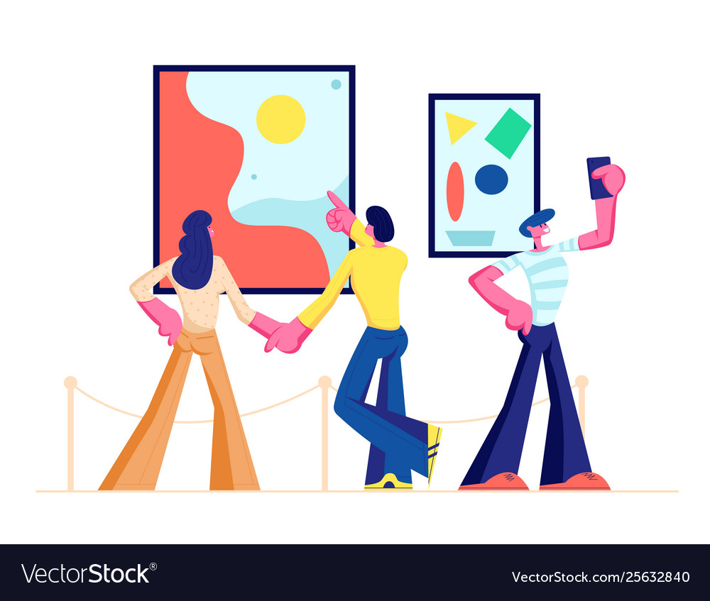 Exhibition visitors viewing modern paintings Vector Image