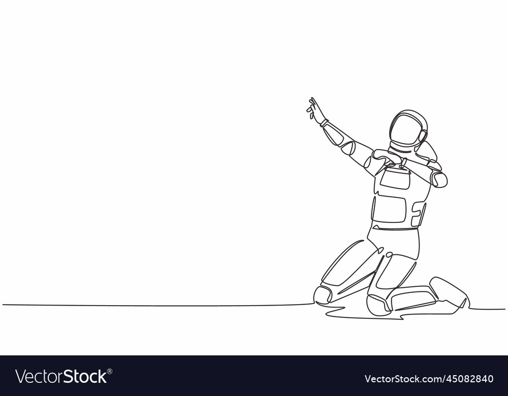 Single one line drawing happy astronaut kneeling Vector Image