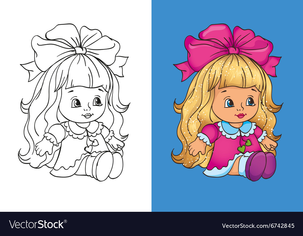 Coloring book of cute dall in pink dress Vector Image