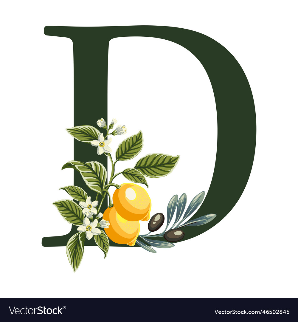 Letter d from alphabet with lemons and olive