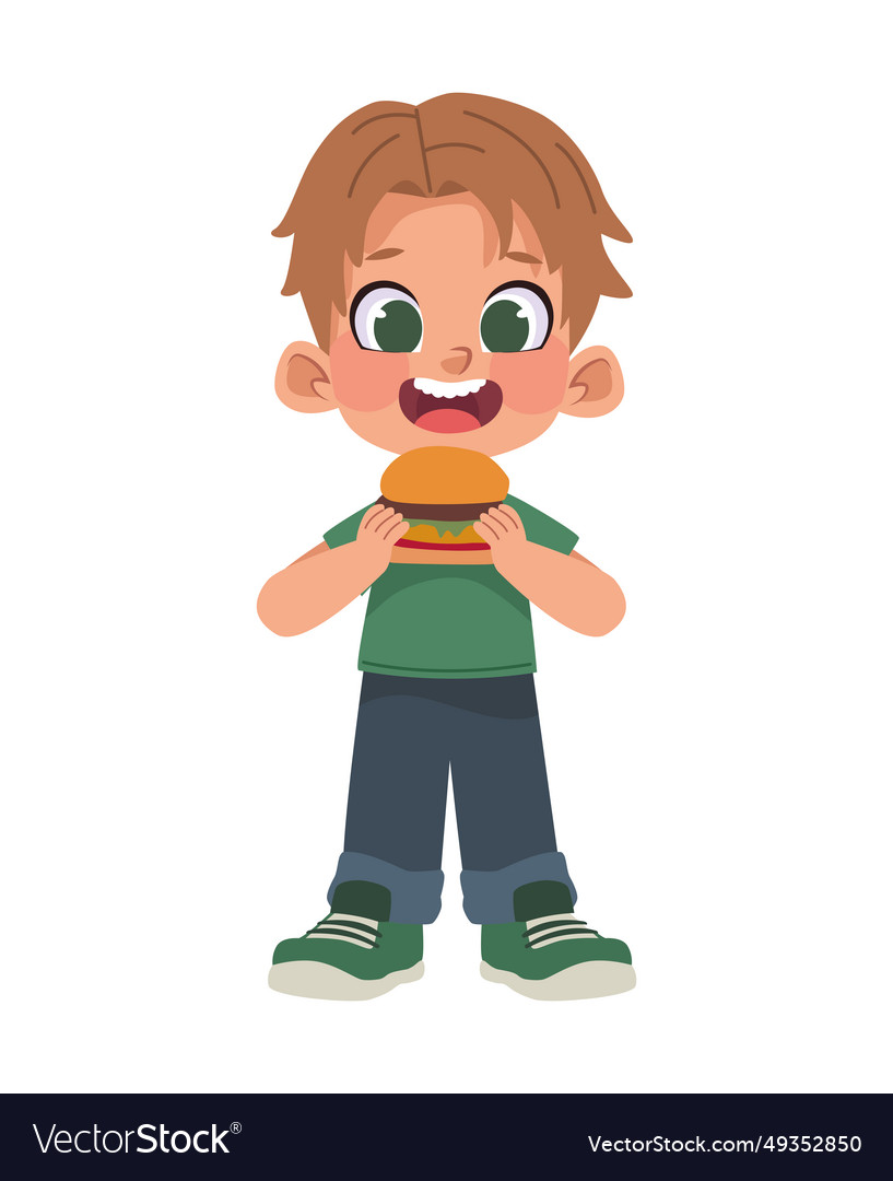 Boy eating a burger nutrition Royalty Free Vector Image