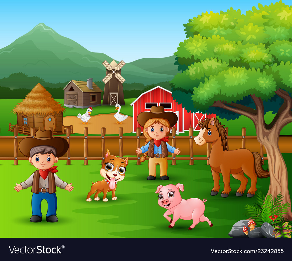 Farm scenes with different animals and farmers