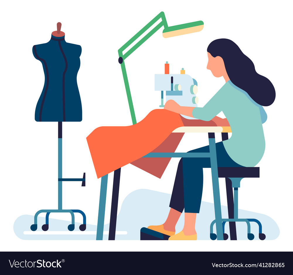 Woman Sewing Clothes On Machine Seamstress Vector Image