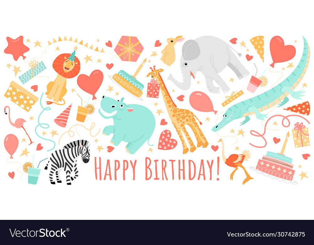 Birthday Greeting Banner With Funny Animals Vector Image