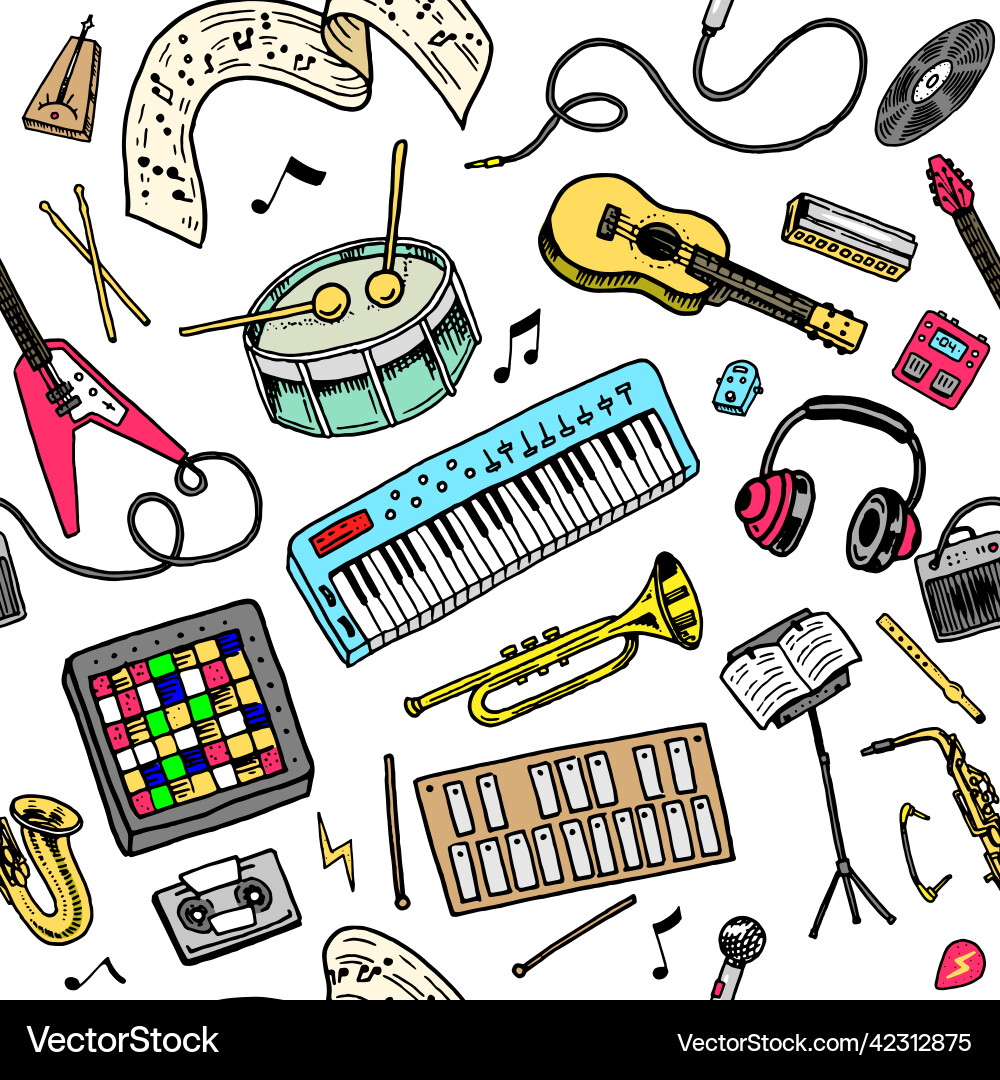 Musical seamless pattern instruments Royalty Free Vector