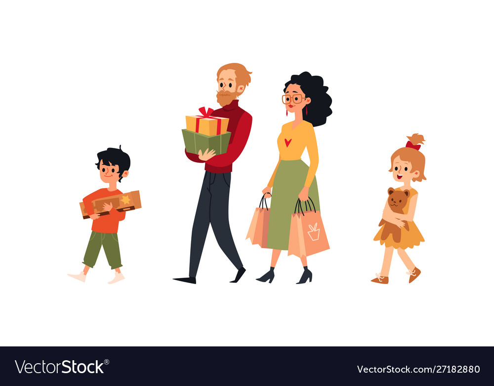 Cartoon family walking with shopping bags gift