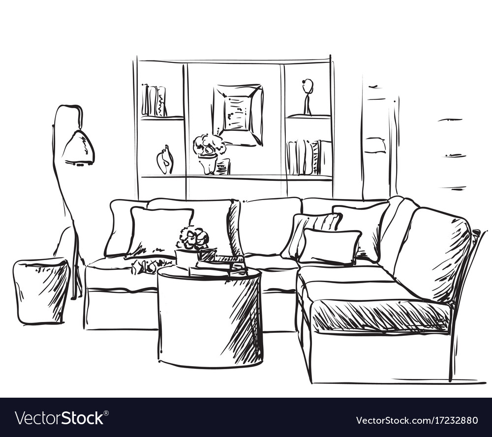 Room interior sketch hand drawn sofa Royalty Free Vector