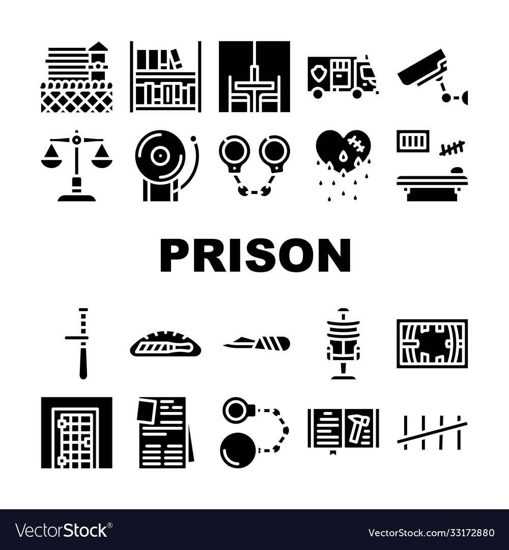 Prison building and accessory icons set Royalty Free Vector