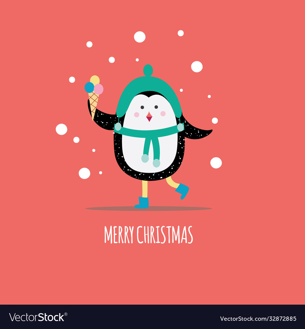 Christmas winter card with cute penguin holding