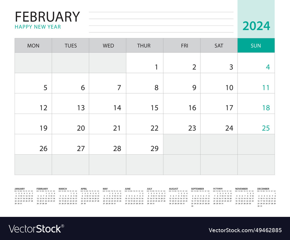 February 2024-calendar 2024 template on green Vector Image