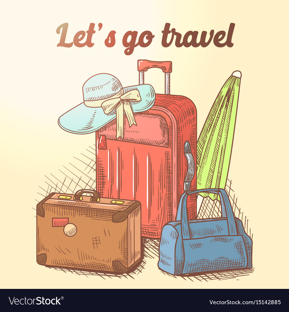 Premium Vector  Travel vector illustration. let's go travel text with  airplane, luggage bag and traveling elements