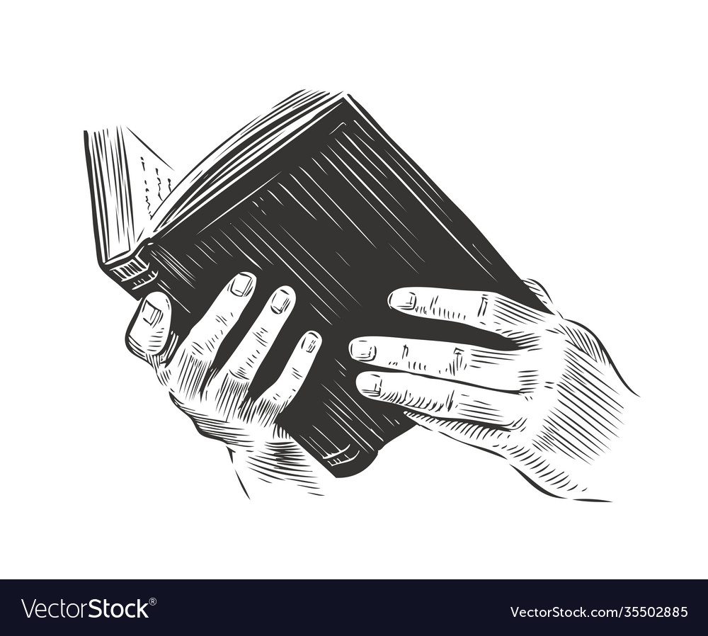 Open book in hand sketch vintage Royalty Free Vector Image