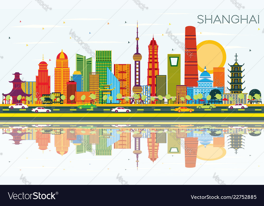 Shanghai china city skyline with color buildings Vector Image