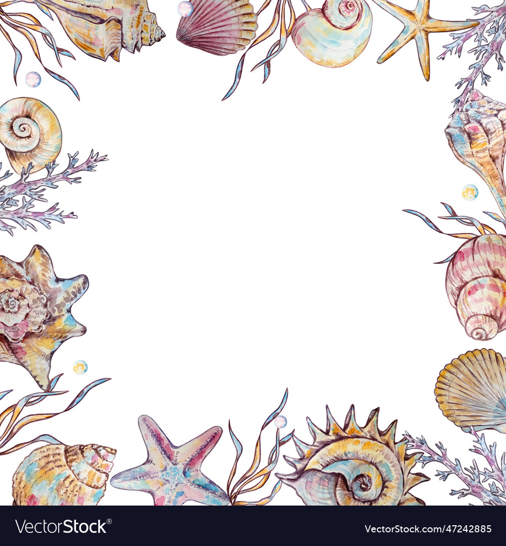 Square frame of watercolor seashells Royalty Free Vector