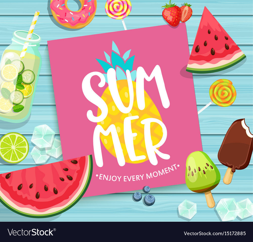 Summer lettering on blue wooden background Vector Image