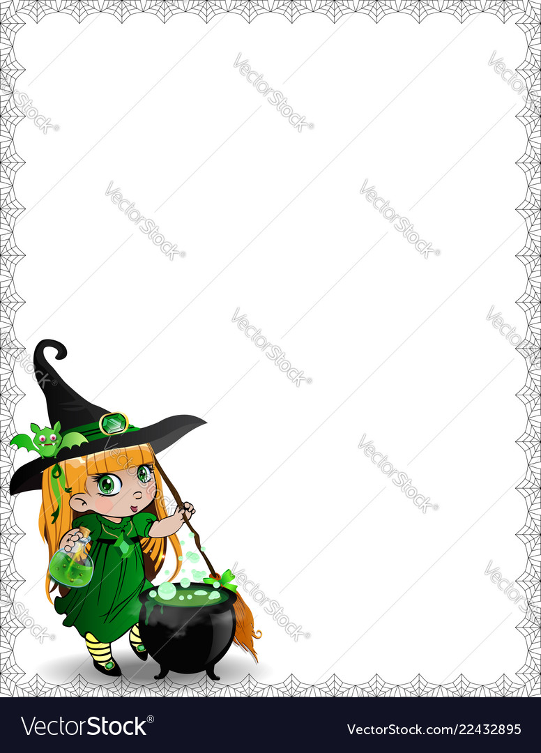 Halloween spider web template of cute baby witch