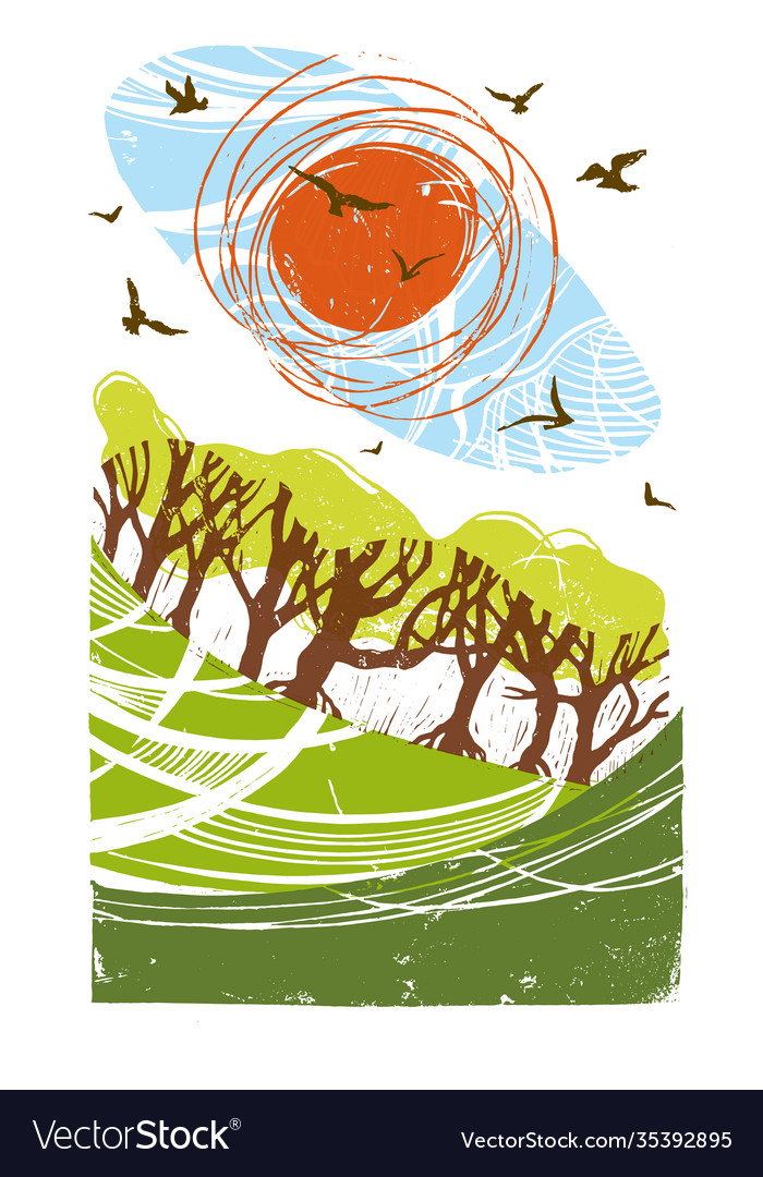Linocut images a summer landscape Royalty Free Vector Image