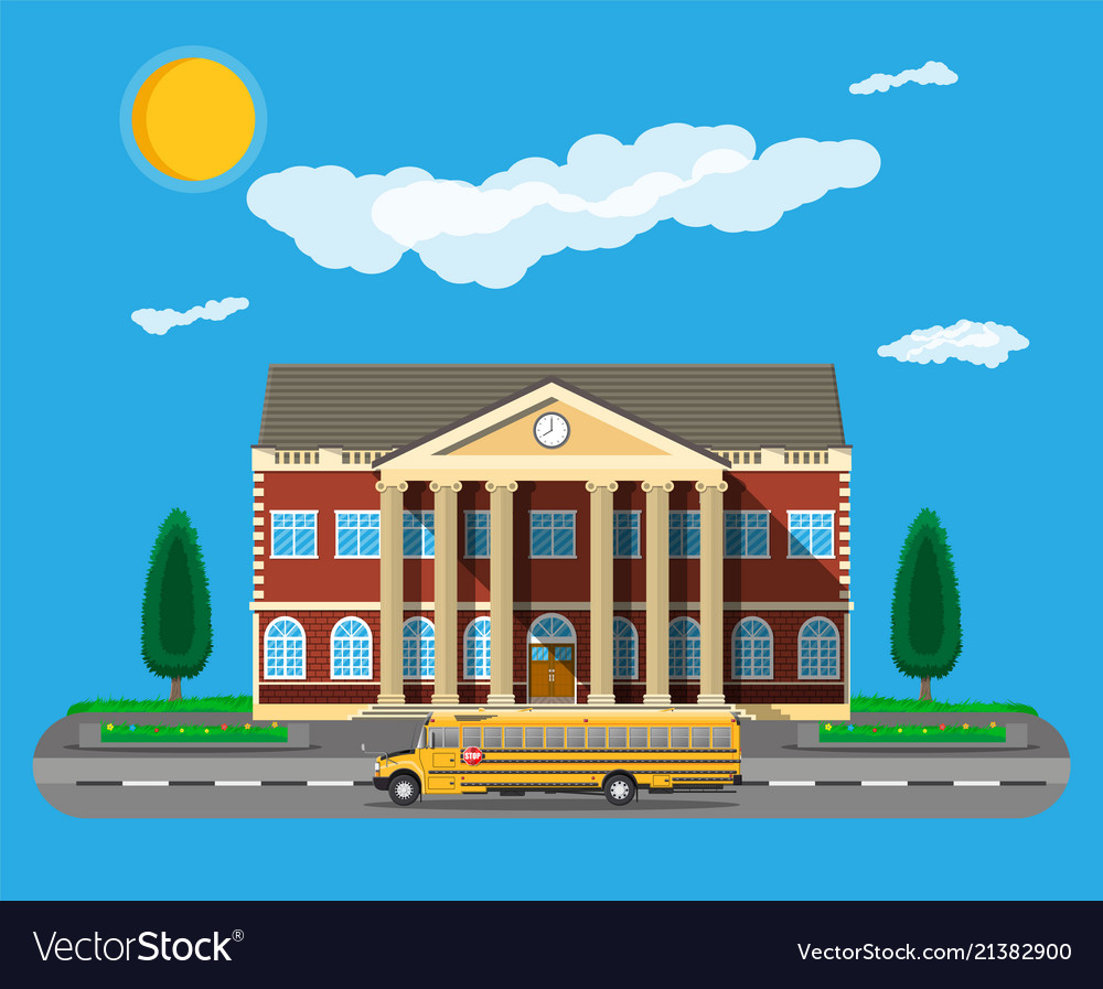 Classical school building and bus