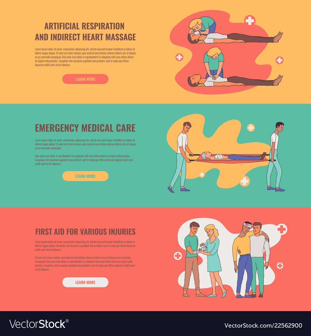 First aid emergency scenes poster set Royalty Free Vector