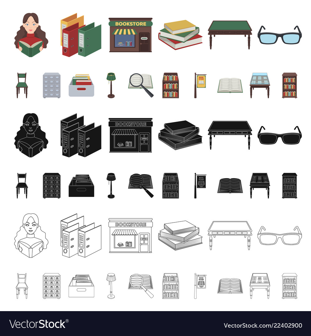 Library and bookstore cartoon icons in set