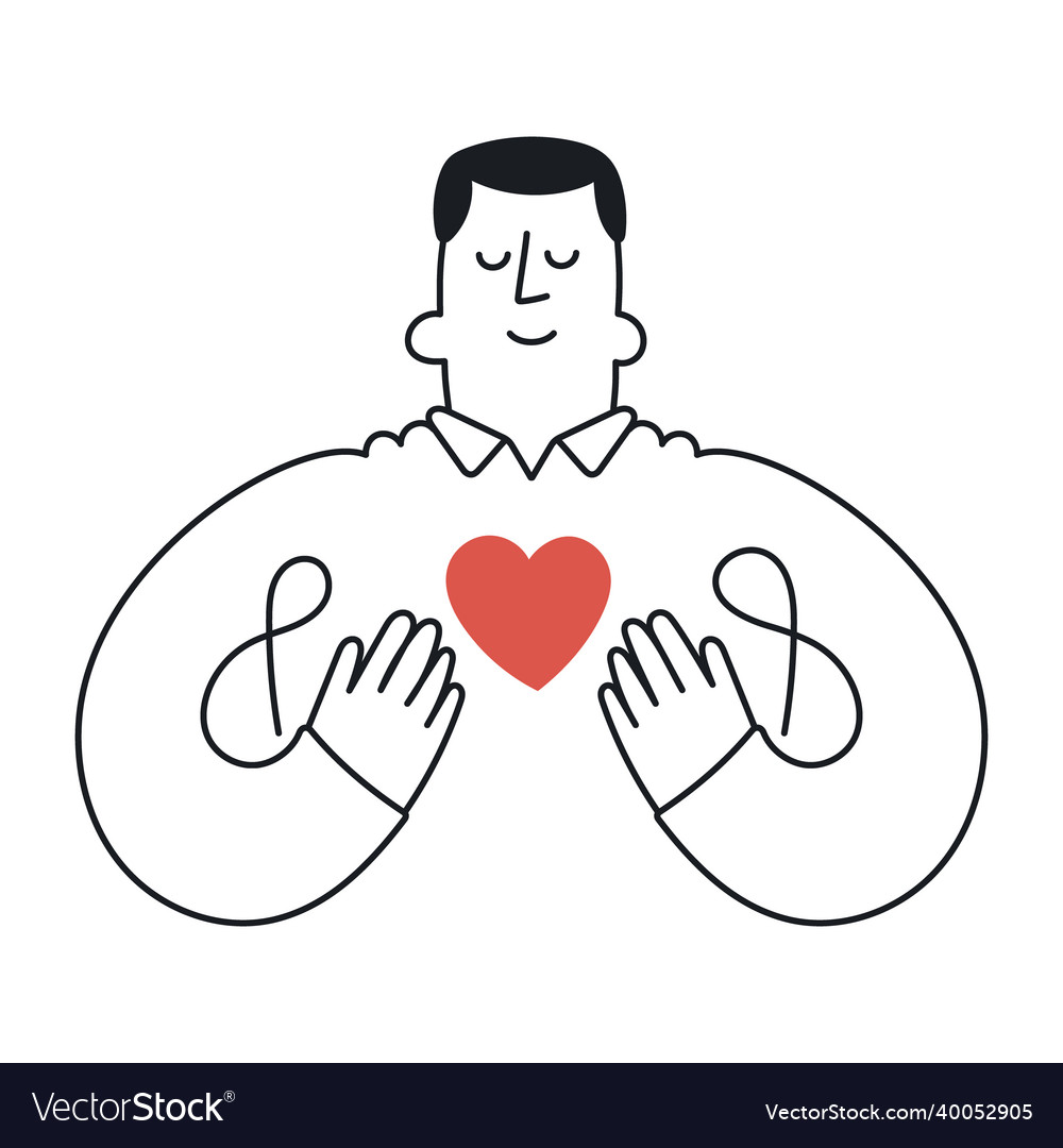 Man holding a red heart outline linear thin line Vector Image