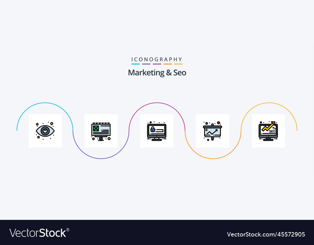 Marketing und seo Linie gefüllte flache 5 Icon-Pack