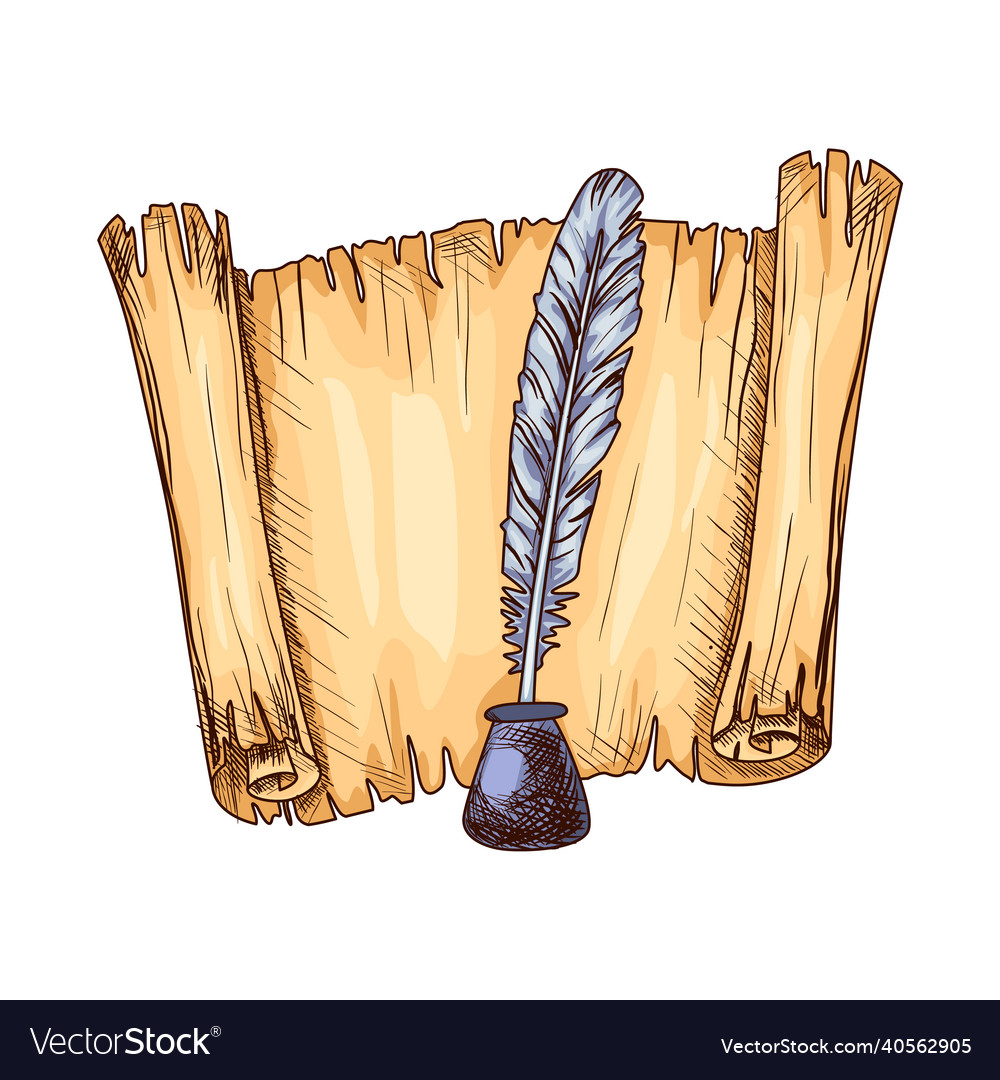 Old open parchment and feather in inkwell Vector Image