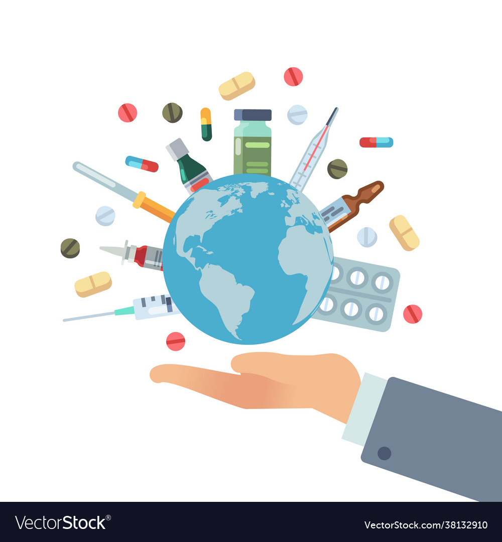 Global pharmaceuticals hand hold earth globe vector image Global pharmaceuticals hand hold earth globe