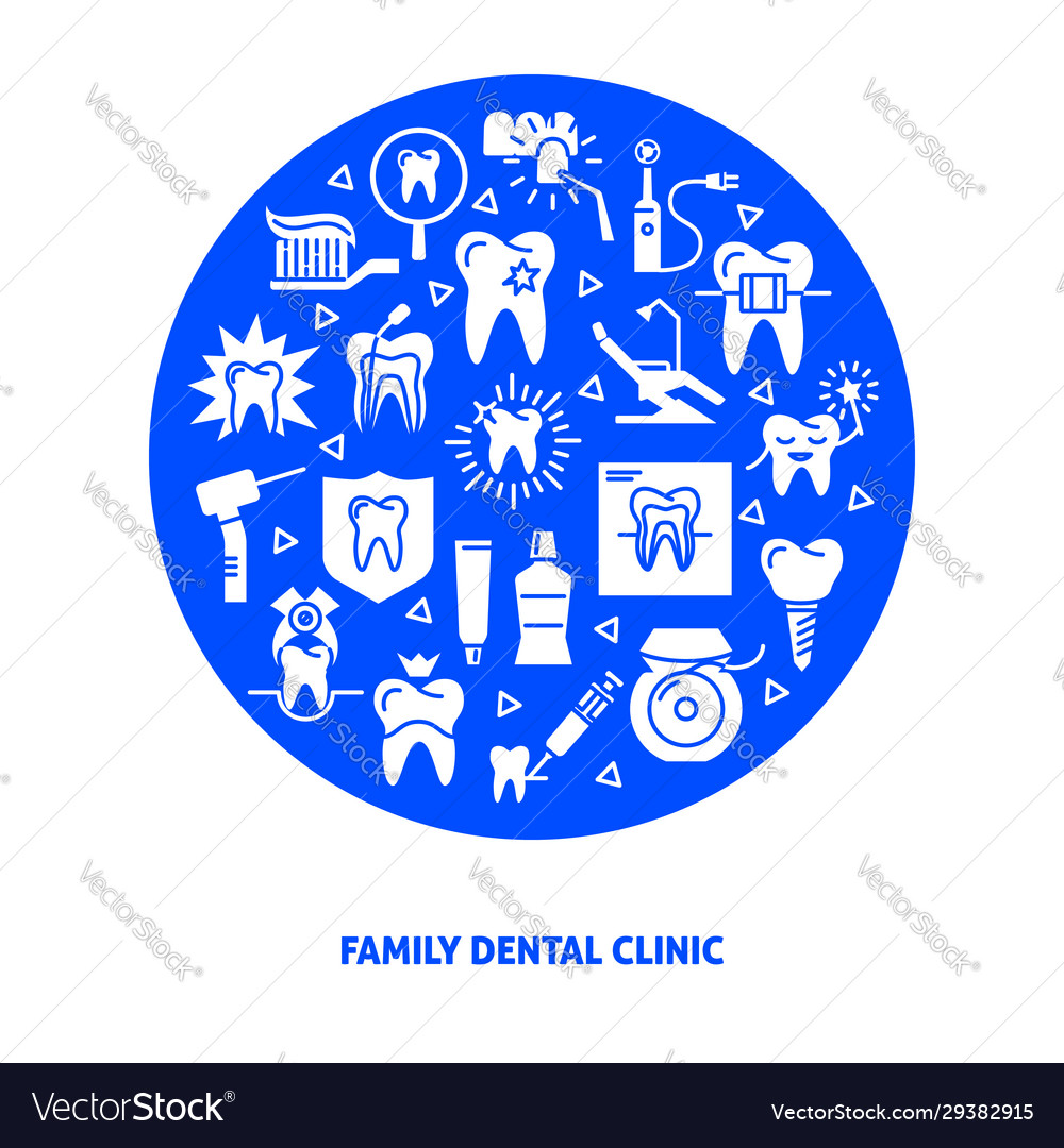 Family Dental Clinic Round Concept Banner In Flat Vector Image