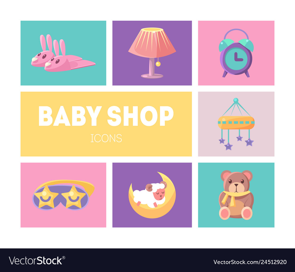 Baby shop icons set cute goods for babies design