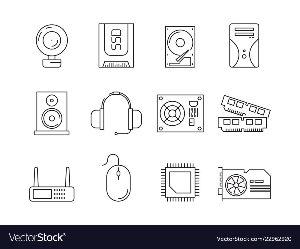 Hardware pc components symbols computer items Vector Image