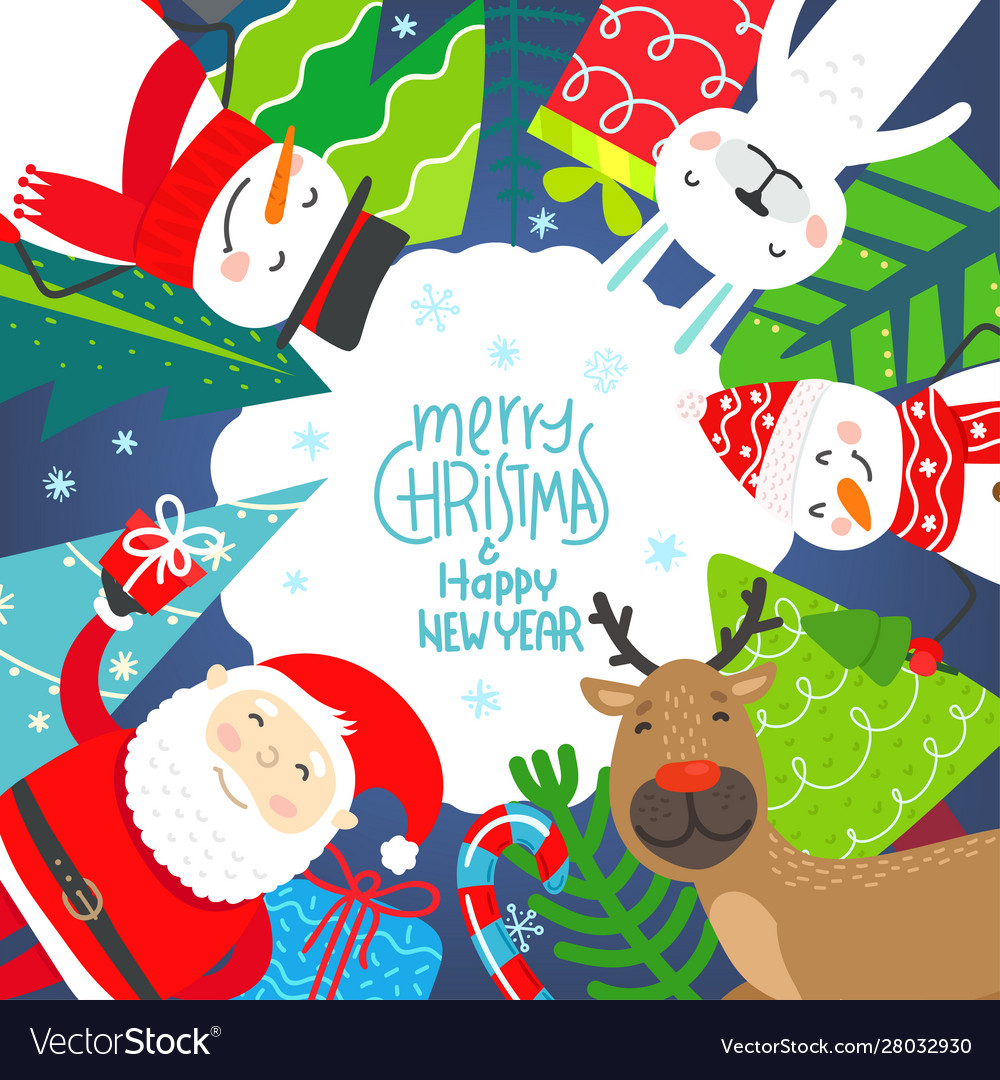 Winter holidays greeting card with cute characters