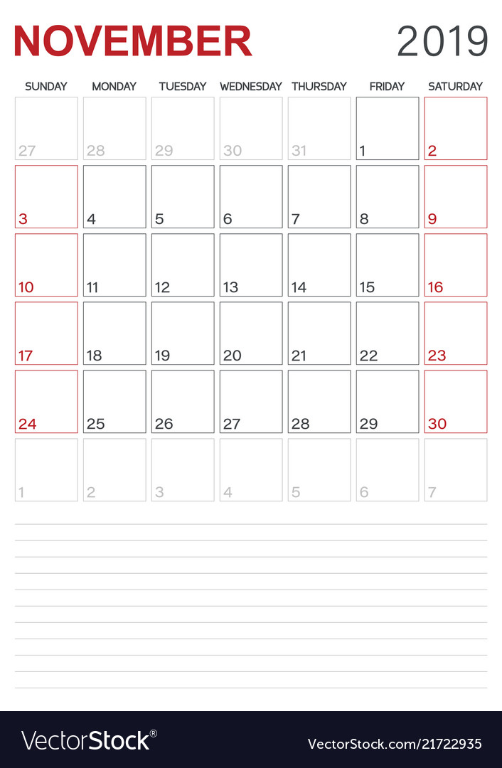 English calendar - november 2019 Royalty Free Vector Image