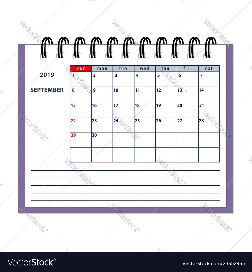 Isolated september page 2019 planner calendar