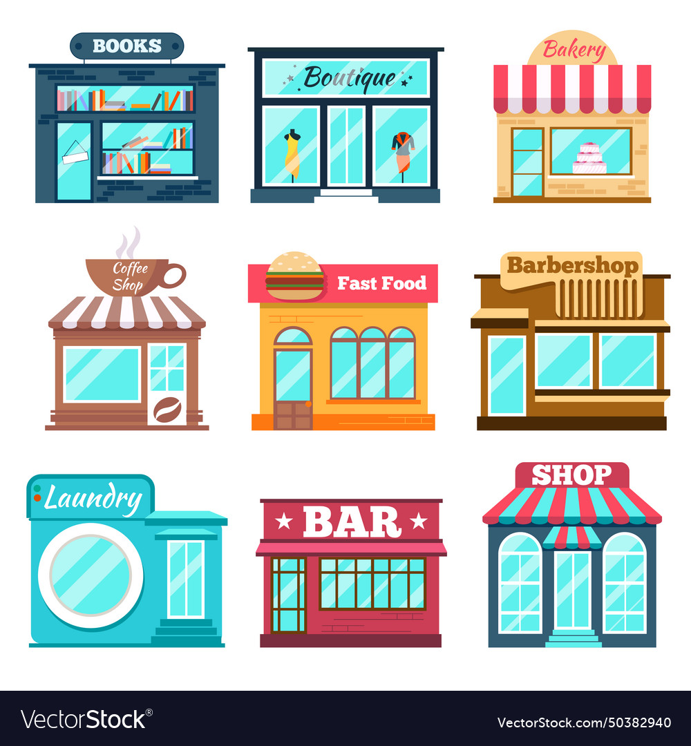 Shops and stores icons set in flat design style