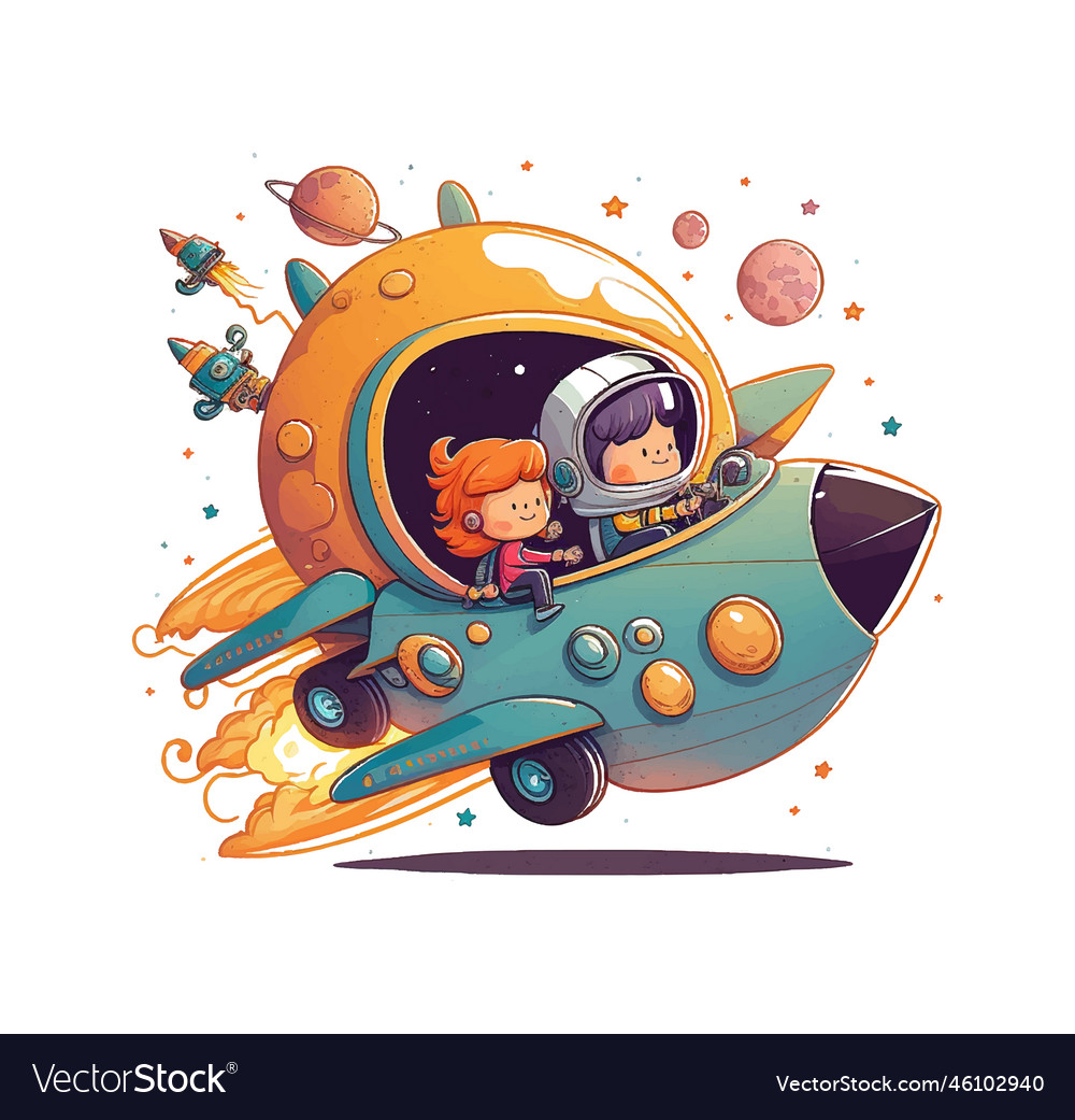 Watercolor of kids ride rocket to the moon Vector Image