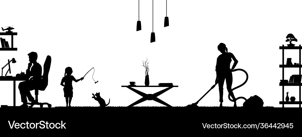 Black silhouette family in living room Royalty Free Vector