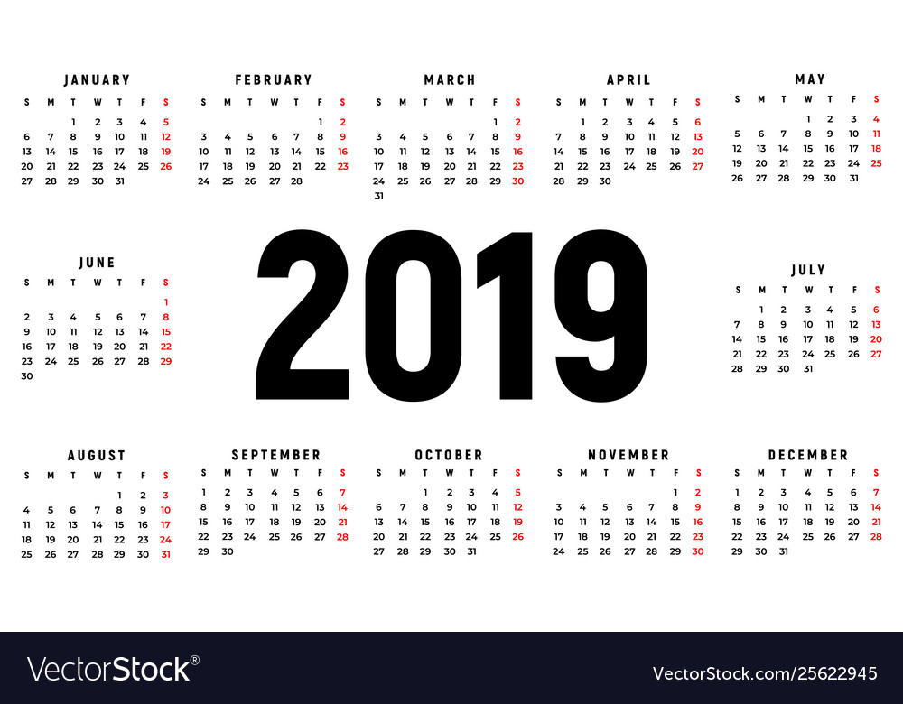 Calendar 2019 year black and white template week Vector Image