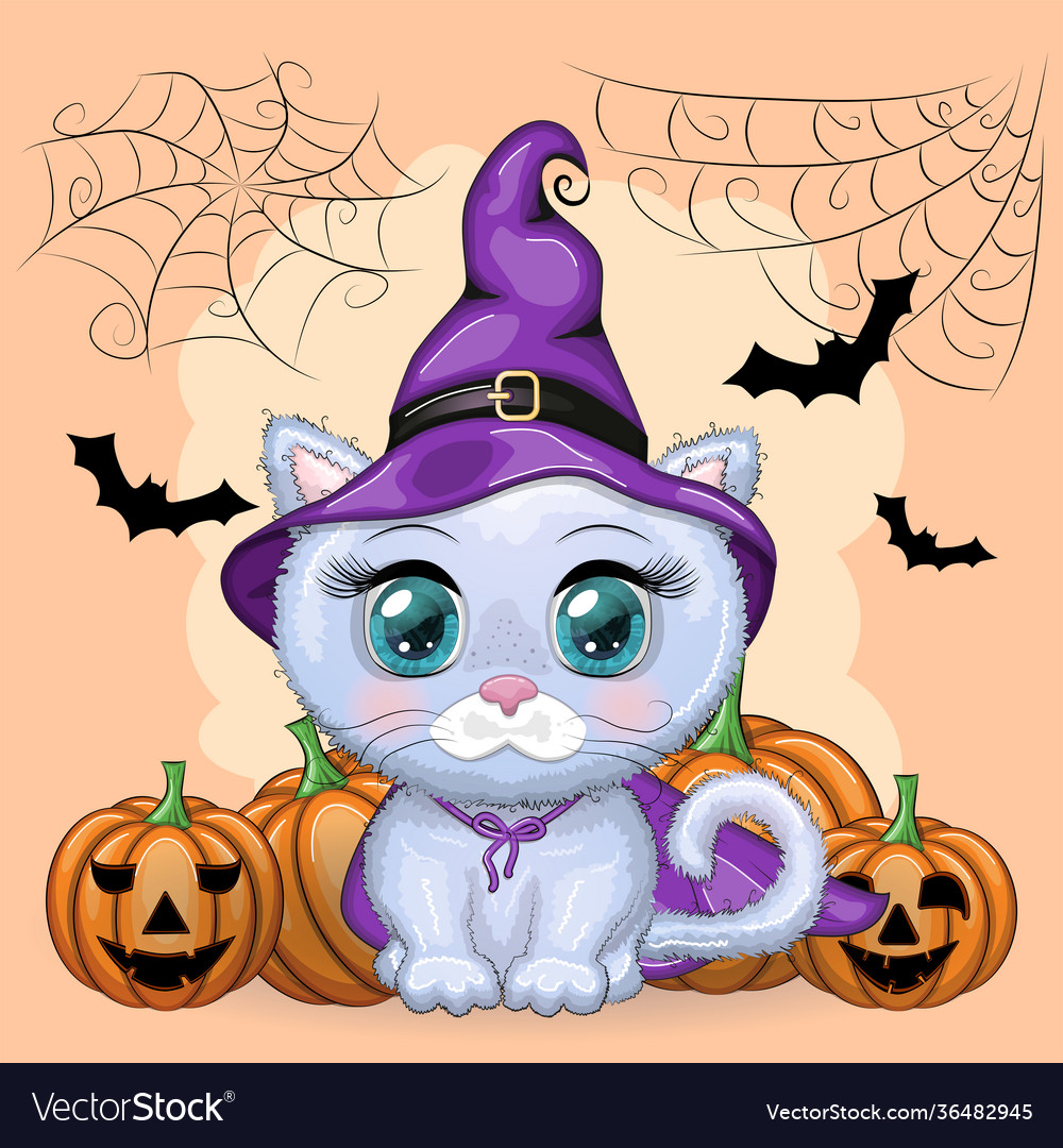 Cartoon cat wearing a purple witch hat and cloak Vector Image