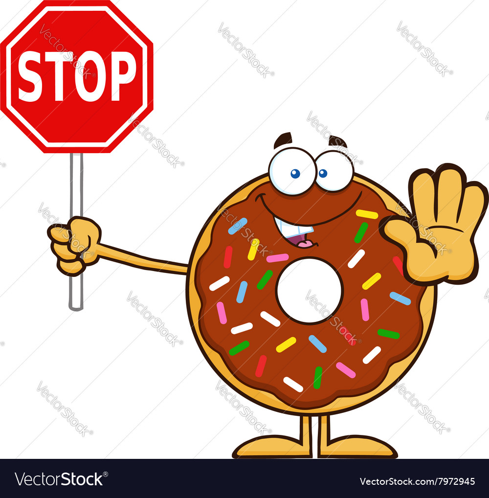 Donut cartoon holding a stop sign