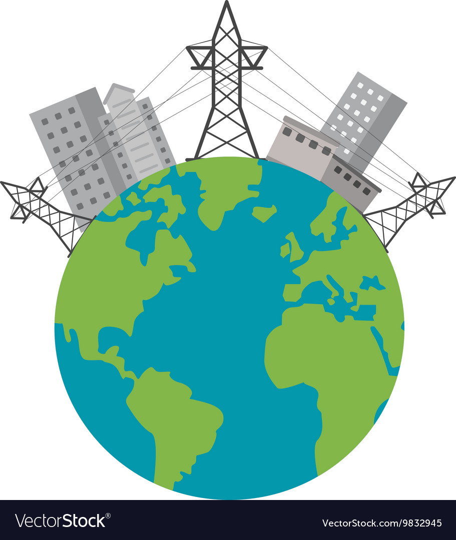 Earth globe with buildings and electricity towers Vector Image