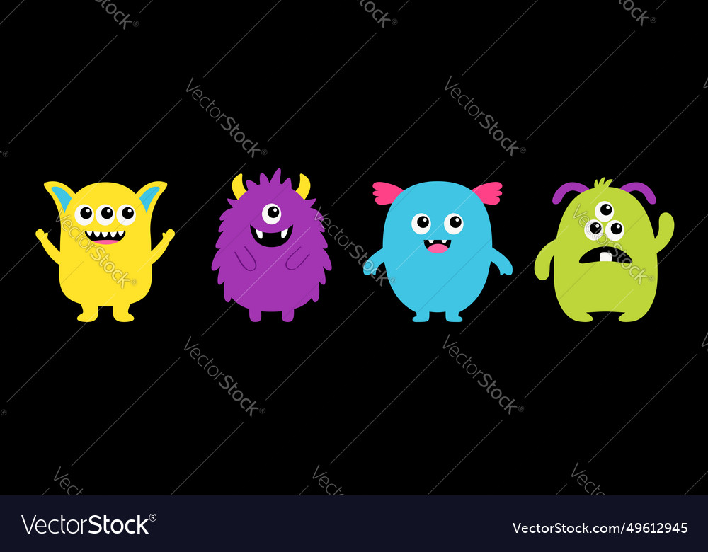 Monster Colorful Silhouette Icon Set Line Happy Vector Image