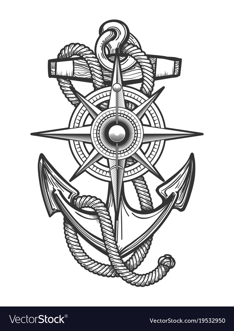 Anchor with compass engraving Royalty Free Vector Image