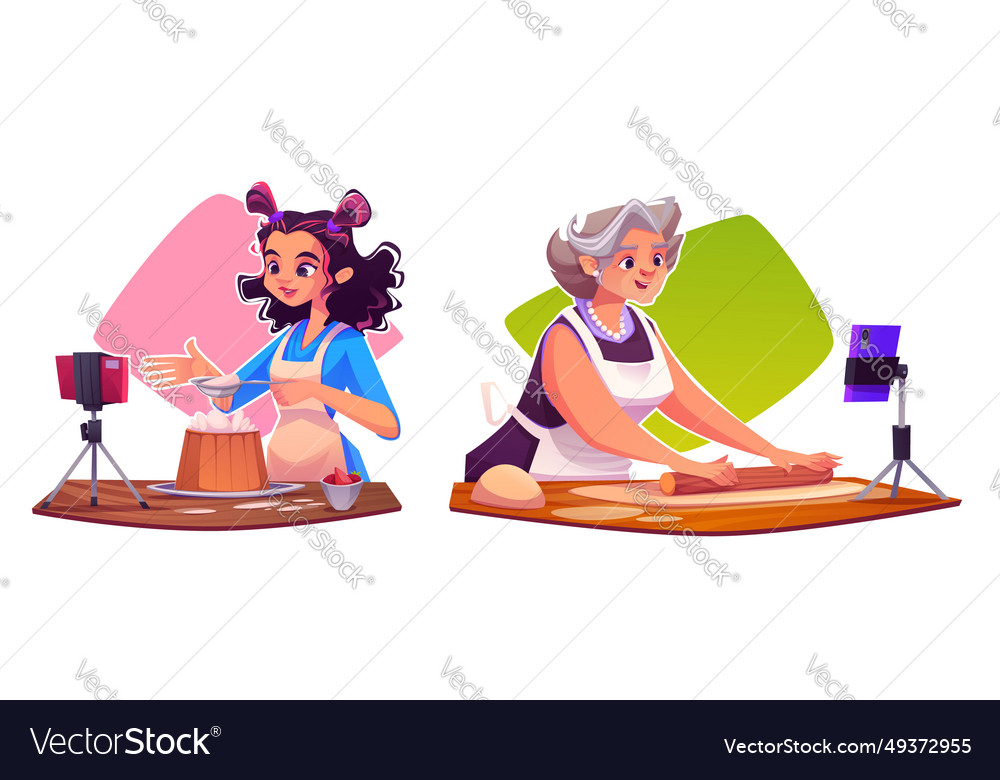 Female Food Bloggers Cooking Pastry On Camera Vector Image