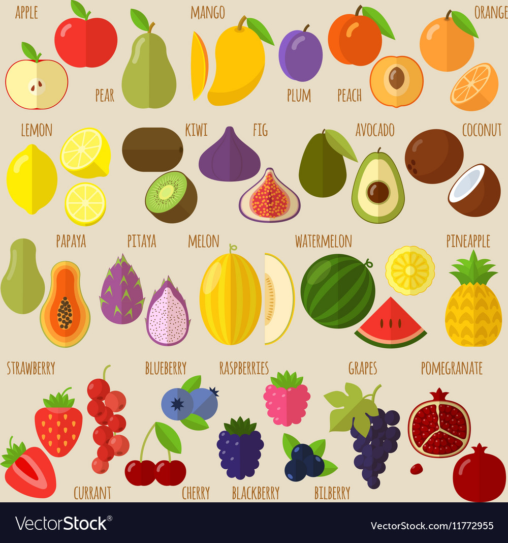 Fruits and berries icon set Royalty Free Vector Image