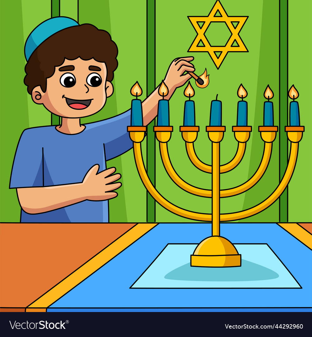 Hanukkah boy lighting menorah colored cartoon Vector Image