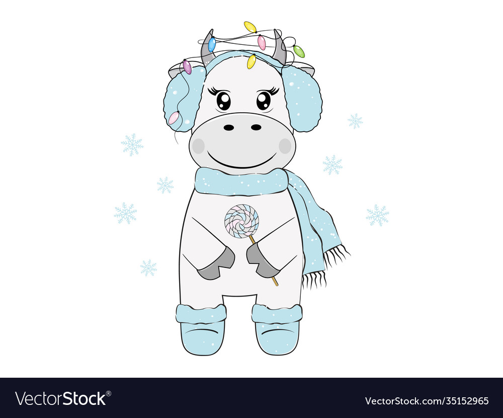 Bull in headphones and scarf with garland