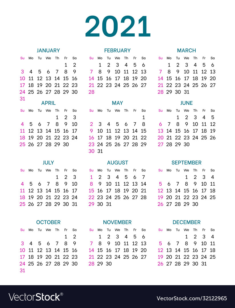 Pocket calendar layout for 2021 year Royalty Free Vector