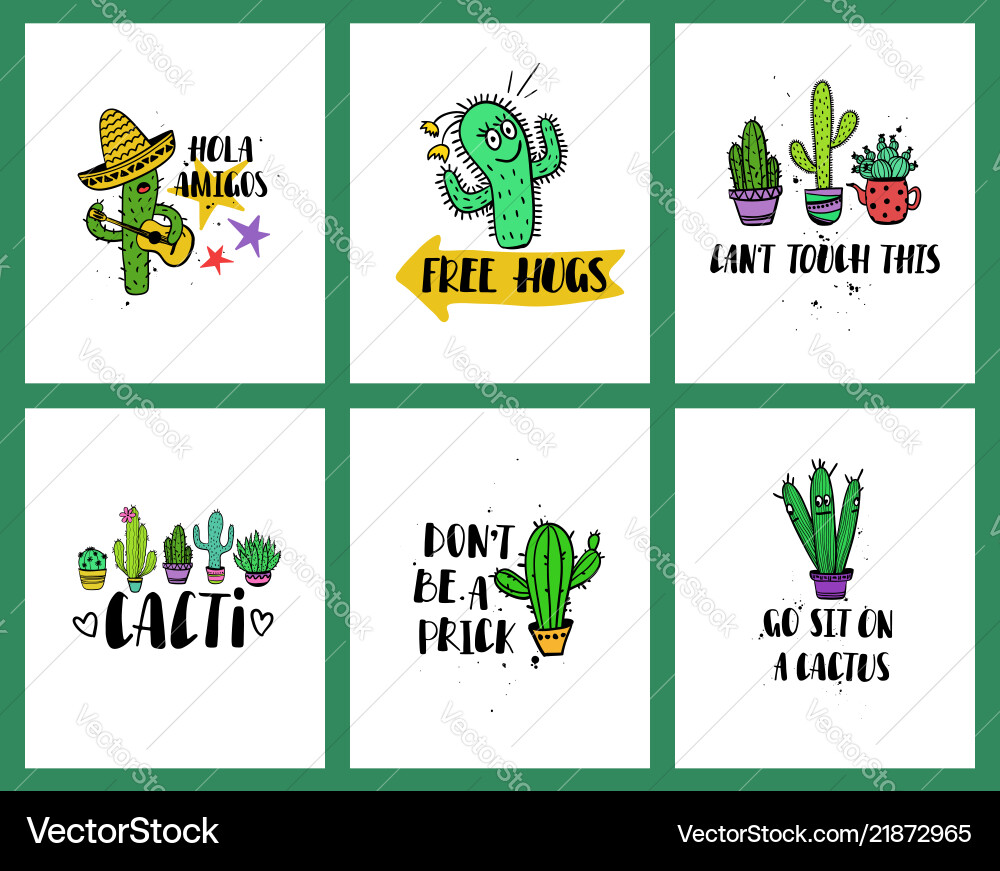 Set funny cacti cards and lettering Royalty Free Vector