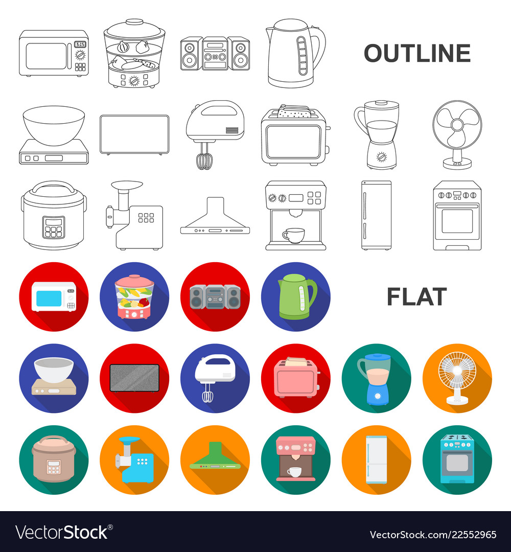 Types of household appliances flat icons in set